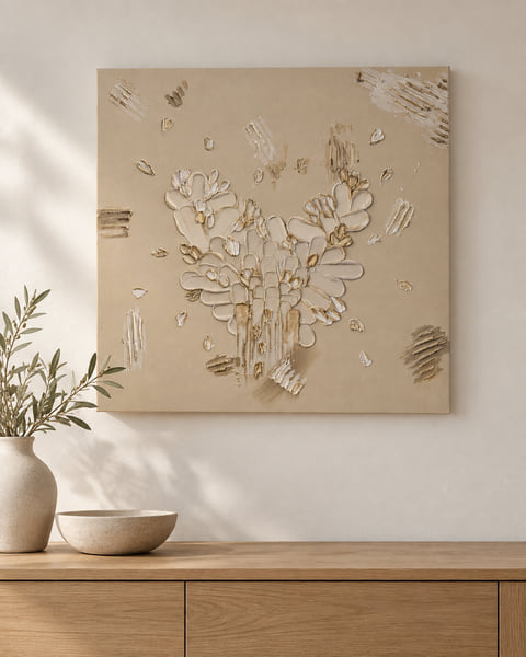 Square beige canvas with a heart of sculpted gold-cream petals, hung above an oak sideboard
