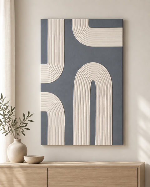 Portrait canvas with cream ridged arches on a slate-blue ground, hung above an oak sideboard