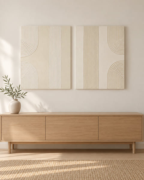 Two square cream canvases with ridged arch textures, hung side by side above an oak sideboard