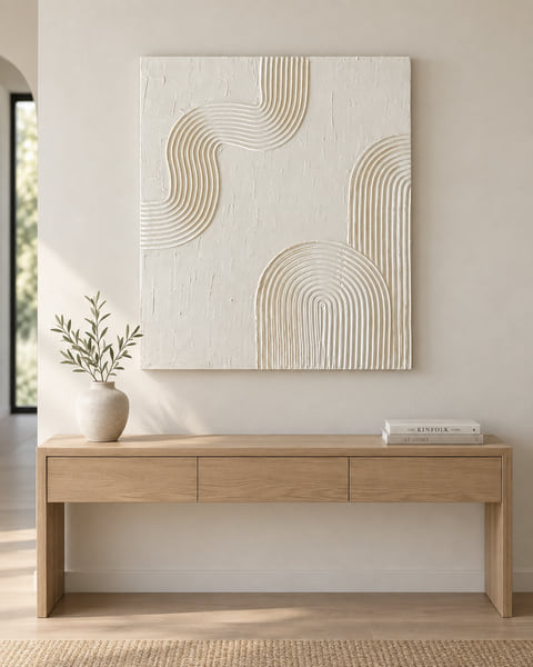 Portrait canvas of white plaster with raised gold-cream arches, hung above an oak console