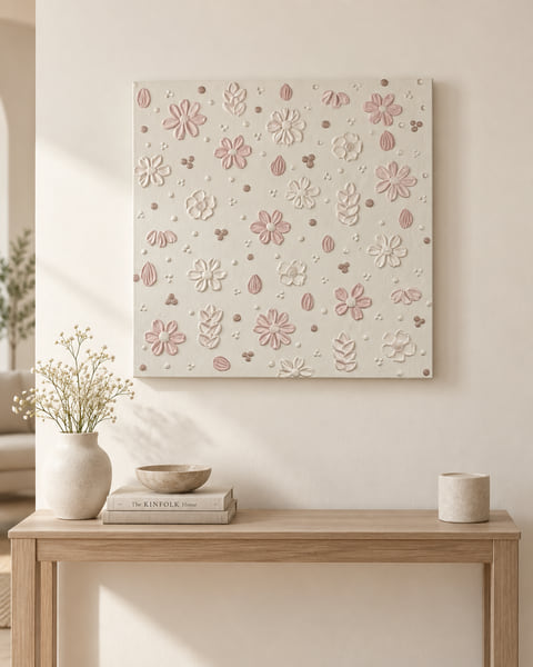 Square cream canvas scattered with small pink and white plaster flowers, hung above a console table