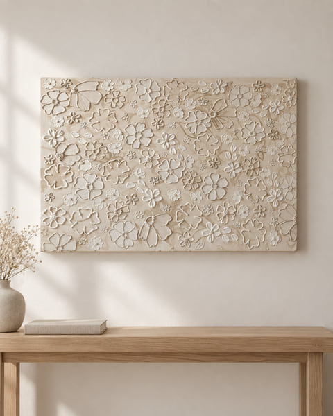 Landscape beige canvas covered in cream outline flowers and butterflies, hung above an oak console